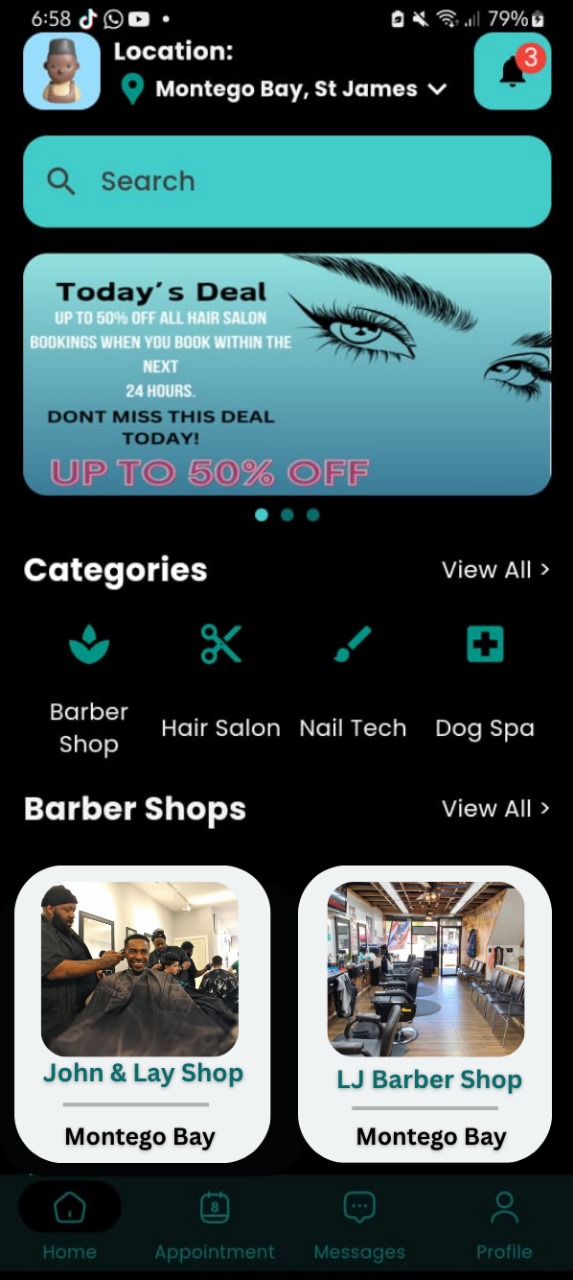 Reserve Hub App Interface showing location-based services in Montego Bay